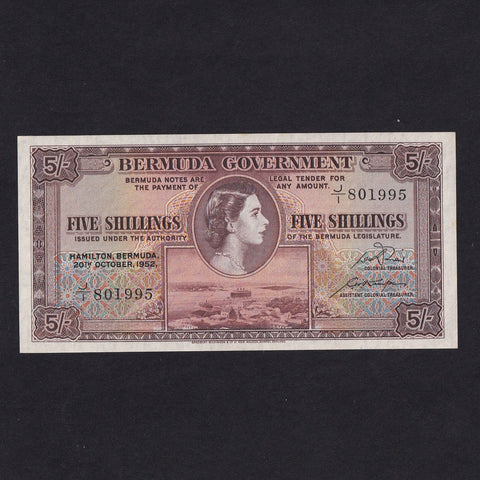 Bermuda (P18a) 5 Shillings, 20th October 1952, QEII, first date, J801995, Good EF