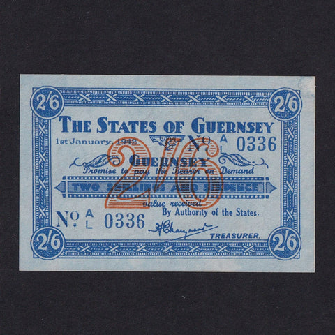 Guernsey (P25A) 2 Shillings and Sixpence, 1st January 1942, French blue paper, A/L 0336, ink bleed, otherwise UNC