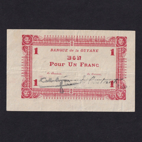 French Guiana (P11) 1 Franc, 1942, bank name 40mm, Cayenne on handstamp, Good VF