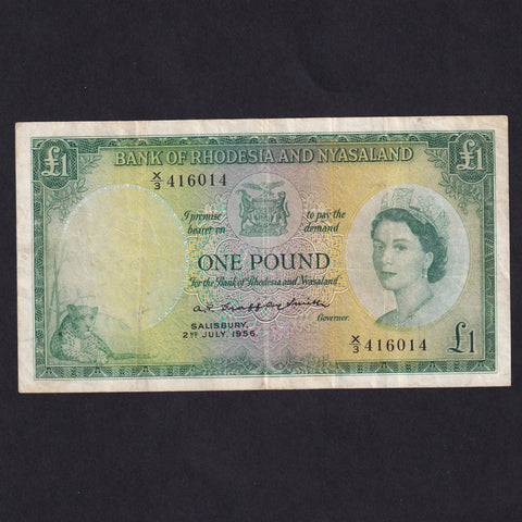 Rhodesia & Nyasaland (P21a) £1, 2nd July 1956, QEII, Gaffrey-Smith, X/3 416014, rust but original  Fine