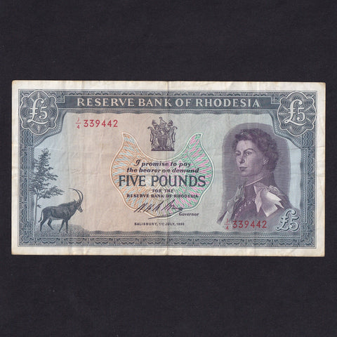 Rhodesia (P29) £5, 1st July 1966, QEII, J/4 339442, rust, Fine/VF
