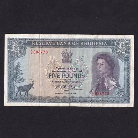 Rhodesia (P29) Reserve Bank of Rhodesia, £5, 1st July 1966, QEII, J/4 886778, rust, Fine/VF