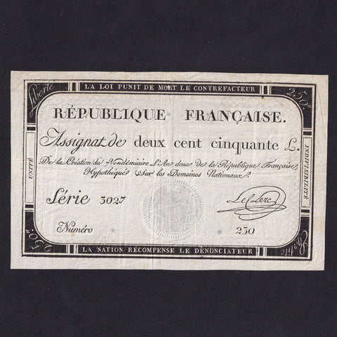 France (Assignats, PA75) 250 Livres, 1793, series 3207, Le Clerc, Good VF