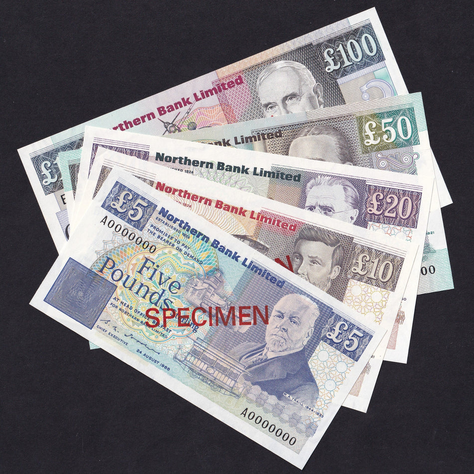 Northern Ireland (P193s-197s) Northern Bank, £5, £10, £20, £50 & £100 specimen set (5 notes), 1990, NR11s-NR118s, A/UNC