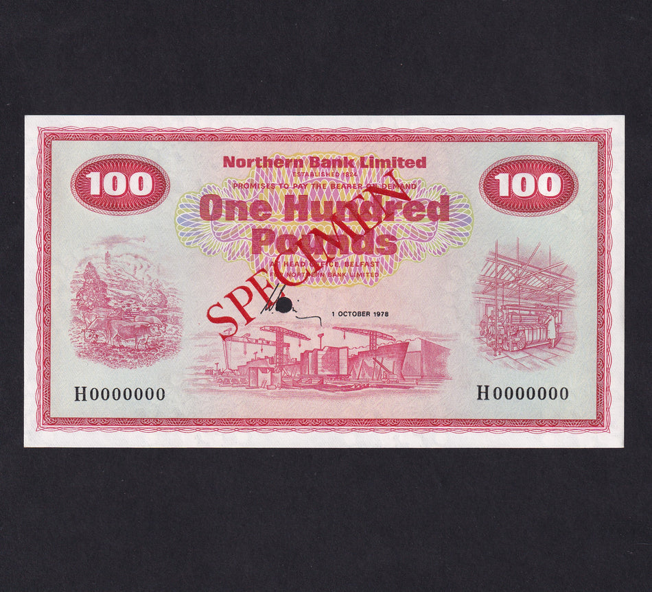 Northern Ireland (P192dS) Northern Bank, £100 specimen, 1st October 1978, H0000000, Wilson/ Ervin, NR111s one hole punch, UNC