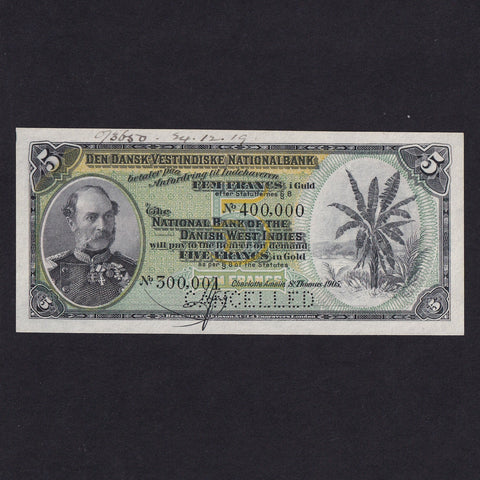 Danish West Indies (P17s) 5 Francs specimen, 1906, King Christen IX, UNC