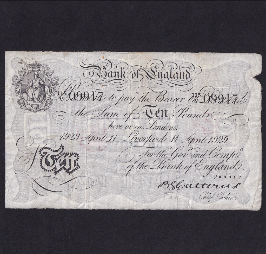 Bank of England (B229e) Catterns, £10, Liverpool, 18th April 1929( 25 RECORDED ), 115V 09917, handstamps, pen marks reverse, rare, Fine