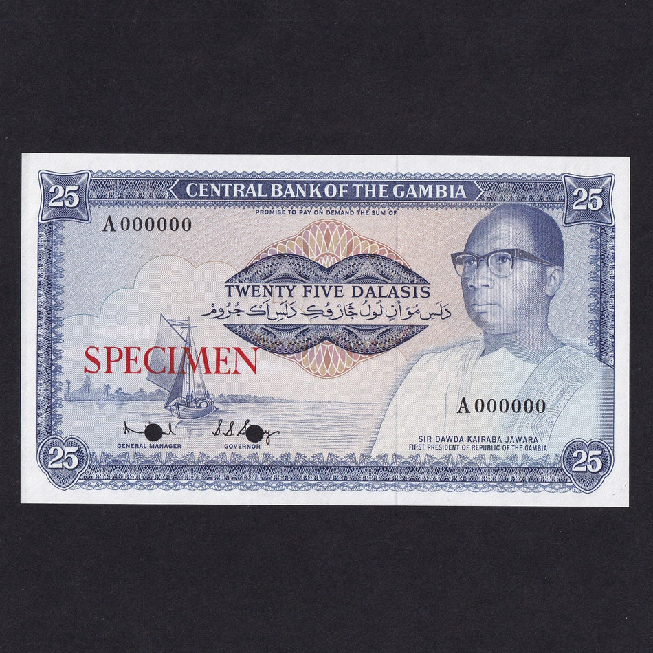 Gambia (P.7bs) 25 Dalasi specimen, Central Bank of the Gambia, signature 6, A000000, UBC
