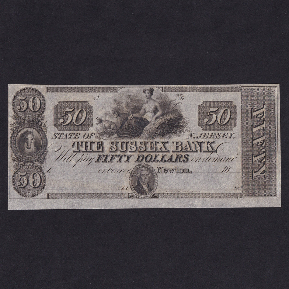 US Obsolete - New Jersey, The Sussex Bank,  $50, 18xx, Newton, Jefferson, unissued, Good EF