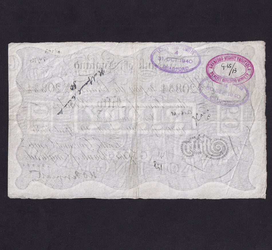 Bank of England (B244d) Peppiatt, £50, Leeds branch, 29th April 1936, Leeds branch handstamps etc., 82X 20834, only 12 recorded, Fine