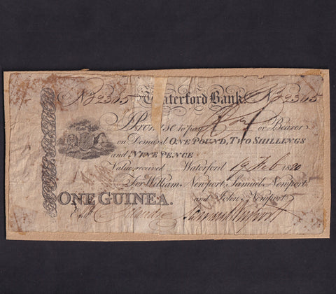 Ireland, Waterford Bank, One Guinea, 19th February 1820, for William Newport, PB346, stuck to card, damage at centre, Poor