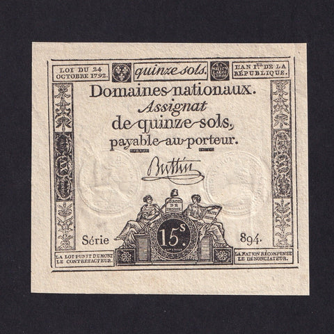 France (Assignats, PA54) 15 Sols, 1792, Good EF