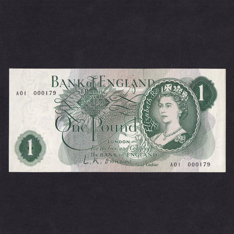 Bank of England (B281) O'Brien, £1, first million & superb low serial, A01 000179, Good EF