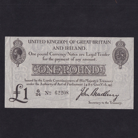 Treasury Series (T11 type 1) Bradbury, £1, De La Rue, G24 62208, 2nd issue, centre crease, otherwise EF