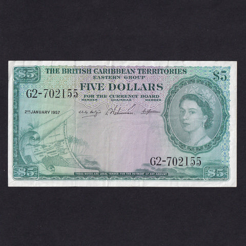 British East Caribbean (P.9b) $5, 2nd January 1957, G2-702155, Good VF