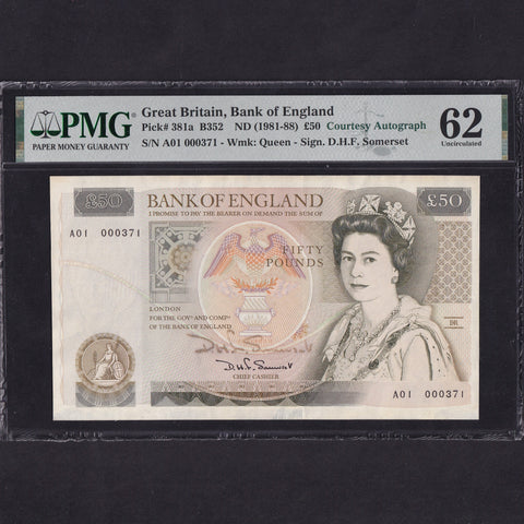 Bank of England (B352) Somerset, £50, autographed by D. H. F. Somerset, first million & low serial, A01 000371, PMG62, UNC