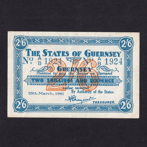 Guernsey (P18)G230 ( 230 notes outstanding ) 2 Shillings & Sixpence, 25th March 1941, A/B 1924, Good VF