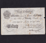 Operation Bernhard - Nazi forgery 1942-44, Peppiatt £20, 20th September 1934, 49M 07306, rust, VG