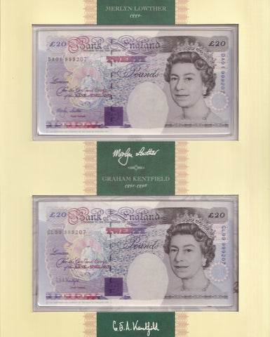 Bank of England (C144) Lowther, £20 pair in folder, DA01 999207/ CL999 999207, UNC