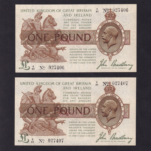 Treasury Series (T16) Bradbury, £1 pair in sequence, 3rd issue, C82 027406/7, Good EF/ UNC