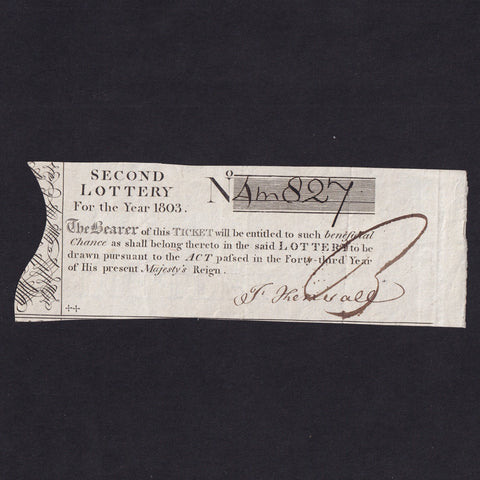 England, Second Lottery For the Year 1803, 'this ticket is the joint property of Geo Baseri, Wm Pitt & E. Durant' written on reverse, EF