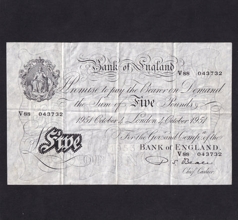 Bank of England (B270) Beale, £5, 4th October 1951, V88 043732, Fine/VF