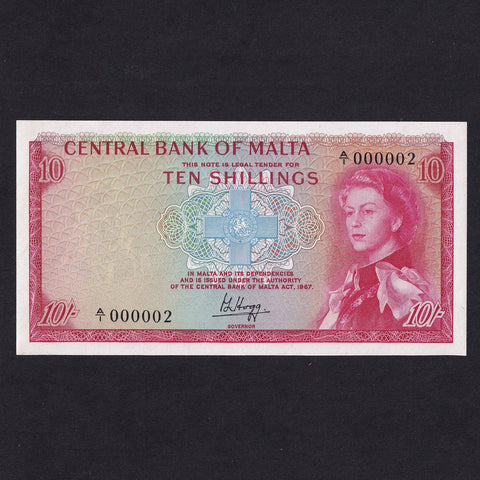 Malta (P28) 10 Shillings, 1967, A/1 000002, Hogg signature, QEII, A/UNC