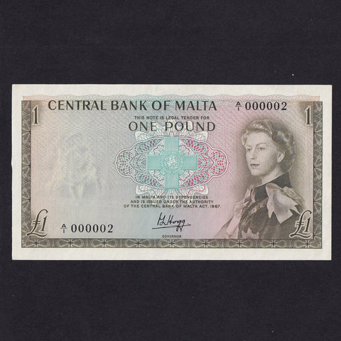 Malta (P29) £1, 1967, A/1 000002, Hogg signature, QEII, A/UNC