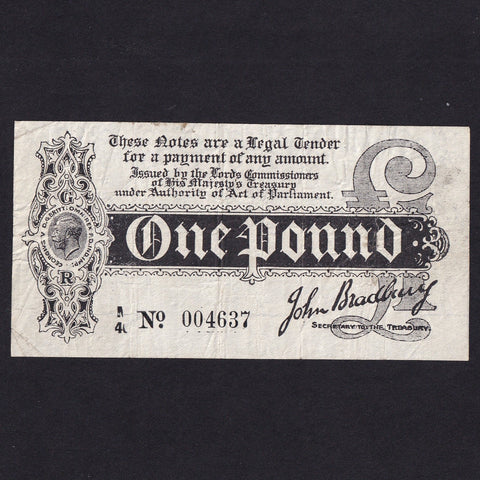 Treasury Series (T.3 type 3) Bradbury, £1, N40 004637, watermark sideways and inverted, also showing 'POS' in watermark, pressed, Fine