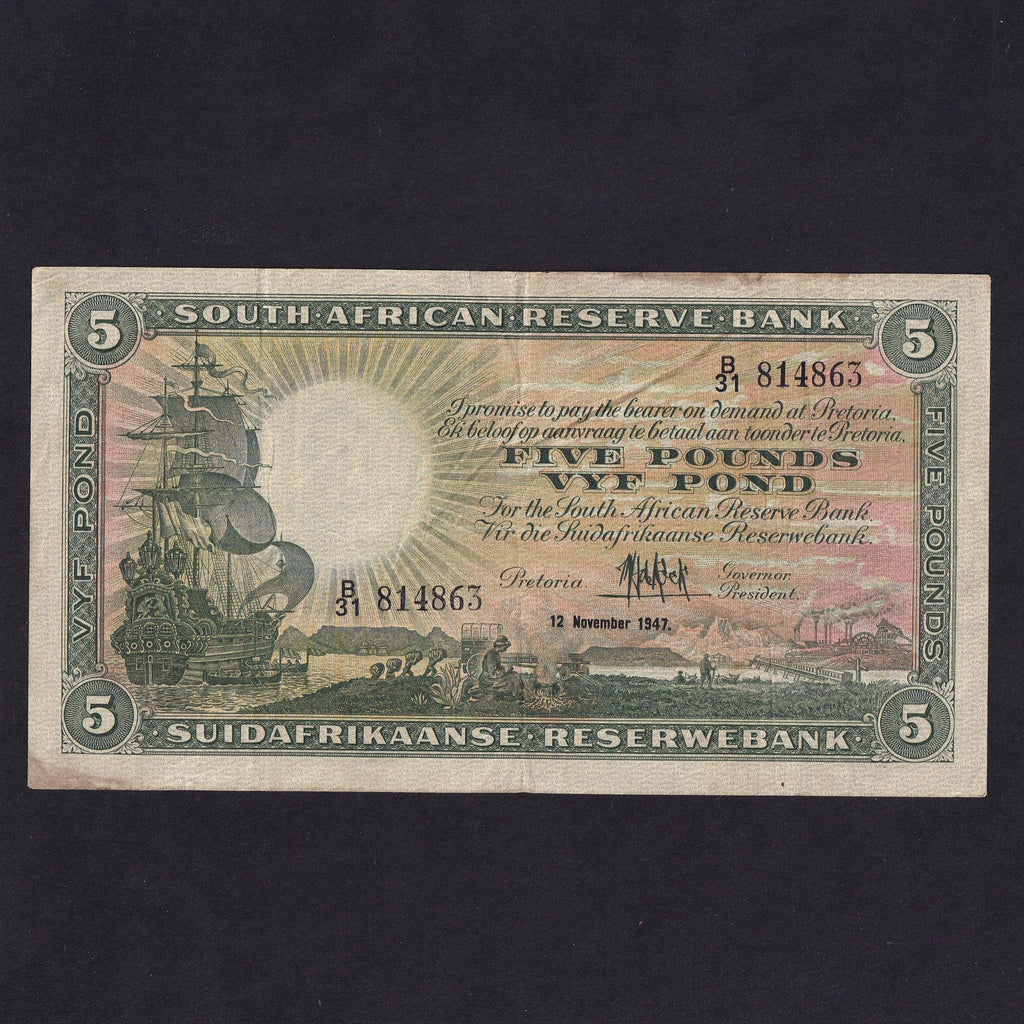 south Africa (P86c) £5, 12th November 1947, De Kock signature, B31 814863, VF
