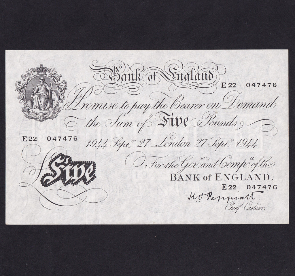 Bank of England (B255) Peppiatt, £5, 27th September 1944, E22 047476, pressed, VF