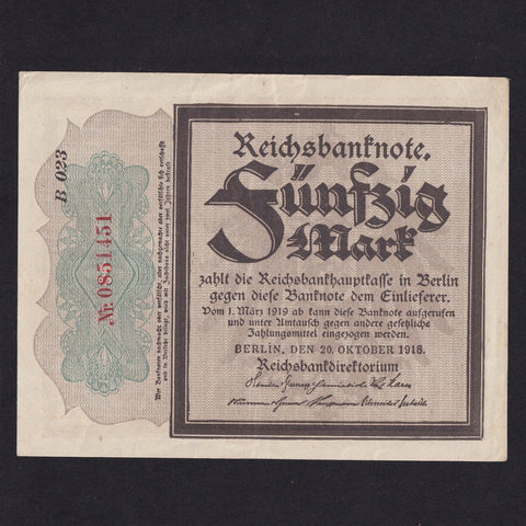 Germany (P64b) 50 Marks, 20th October 1918, mourning note, no.0851451, watermark A, Good VF