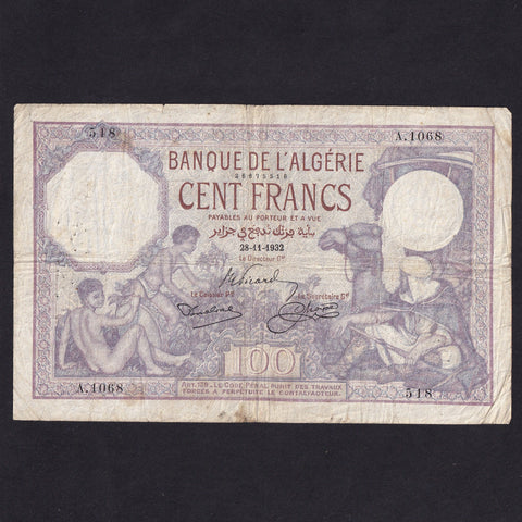 Algeria (P81b) 100 Francs, 28th November 1932, A 1068 518, pinholes, VG