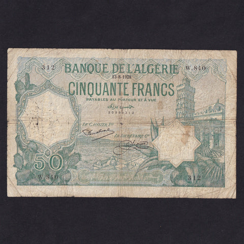 Algeria (P80a) 50 Francs, 13th August 1928, W840213, pinholes, VG
