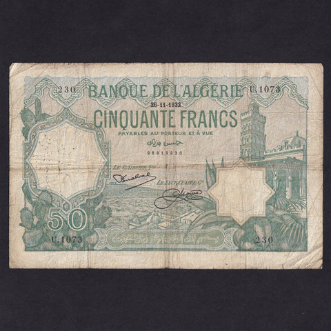 Algeria (P.80a) 50 Francs, 26th November 1932, U1073 230, pinholes, VG