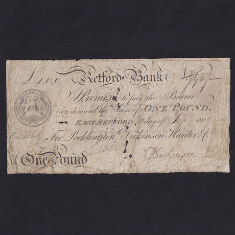 Provincial - Retford Bank, £1, 1807, for Pocklington, Dickenson & Hunter, Outing 1778a, VG