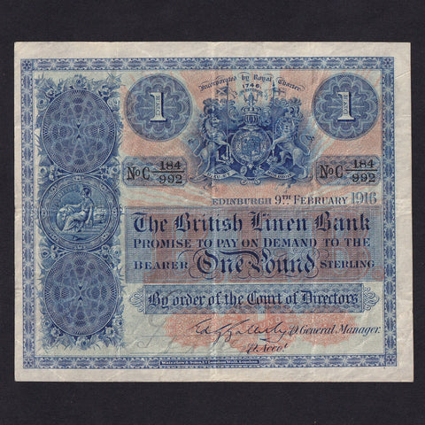 Scotland (P151a) British Linen Bank, £1, 9th February 1916, C 184/992, Galletly, BL59a, Good Fine
