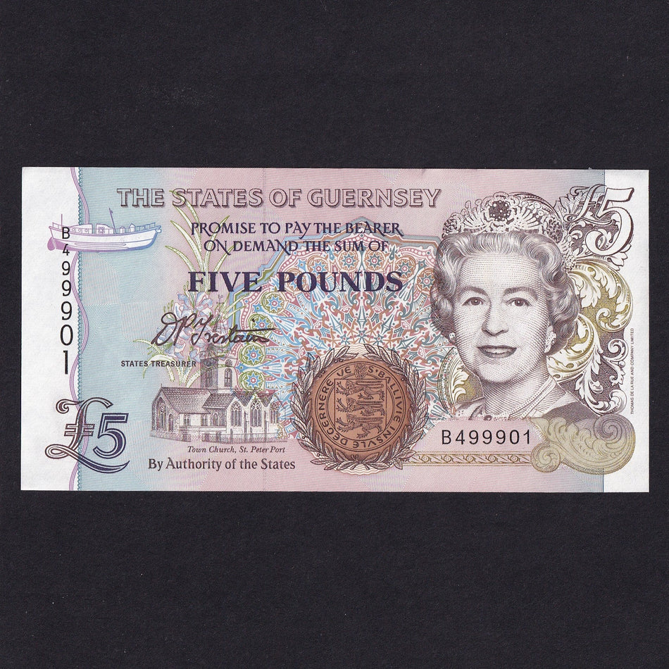 Guernsey (P56a) £5, Trestain signature, B49990x, within the last 100 notes as 500,000 issued, QEII, UNC