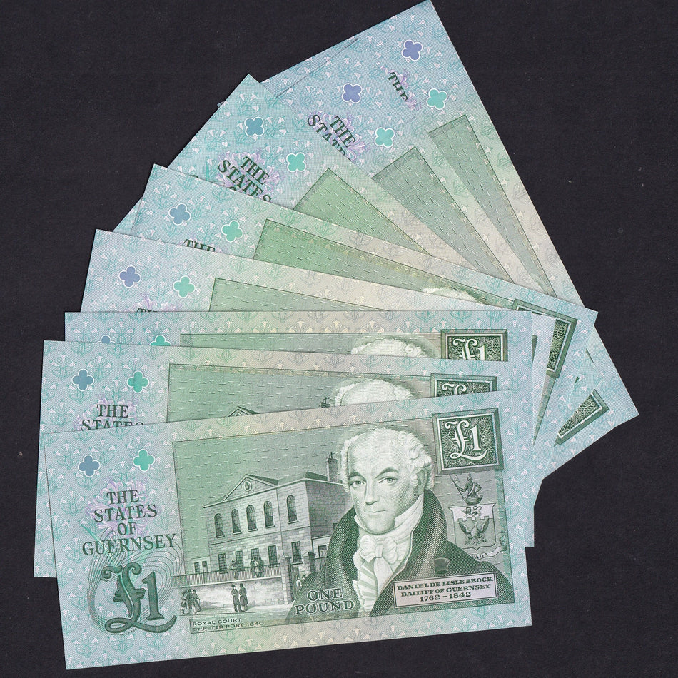 Guernsey, £1 note set (8 notes), last 100 notes of prefix matched set, N/ P/ Q/ R/ S/ T/ U/ V999902, UNC,
