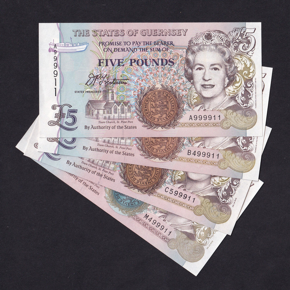 Guernsey (P56a, P56b & P60) $5 type set (4 notes) all ending with 11, within the last 100 notes of prefix A, B, C & M, issued, UNC