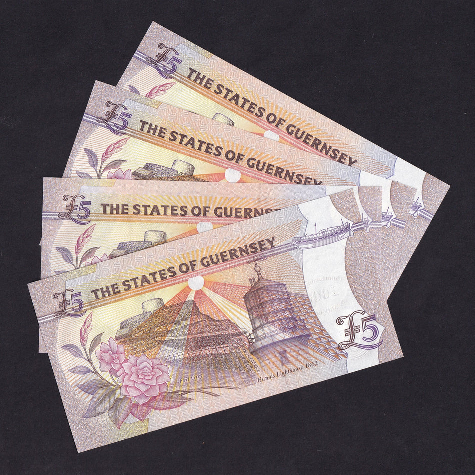 Guernsey (P56a, P56b & P60) $5 type set (4 notes) all ending with 11, within the last 100 notes of prefix A, B, C & M, issued, UNC