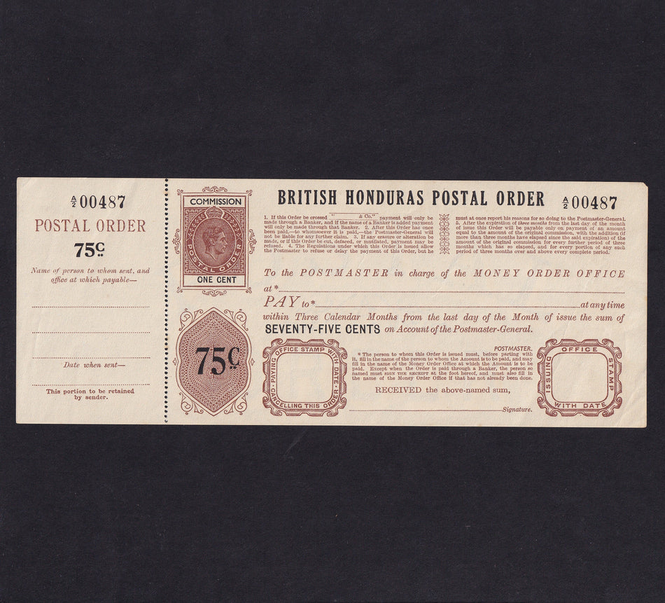 British Honduras, 75 Cents postal order, KGVI, unissued, Good EF
