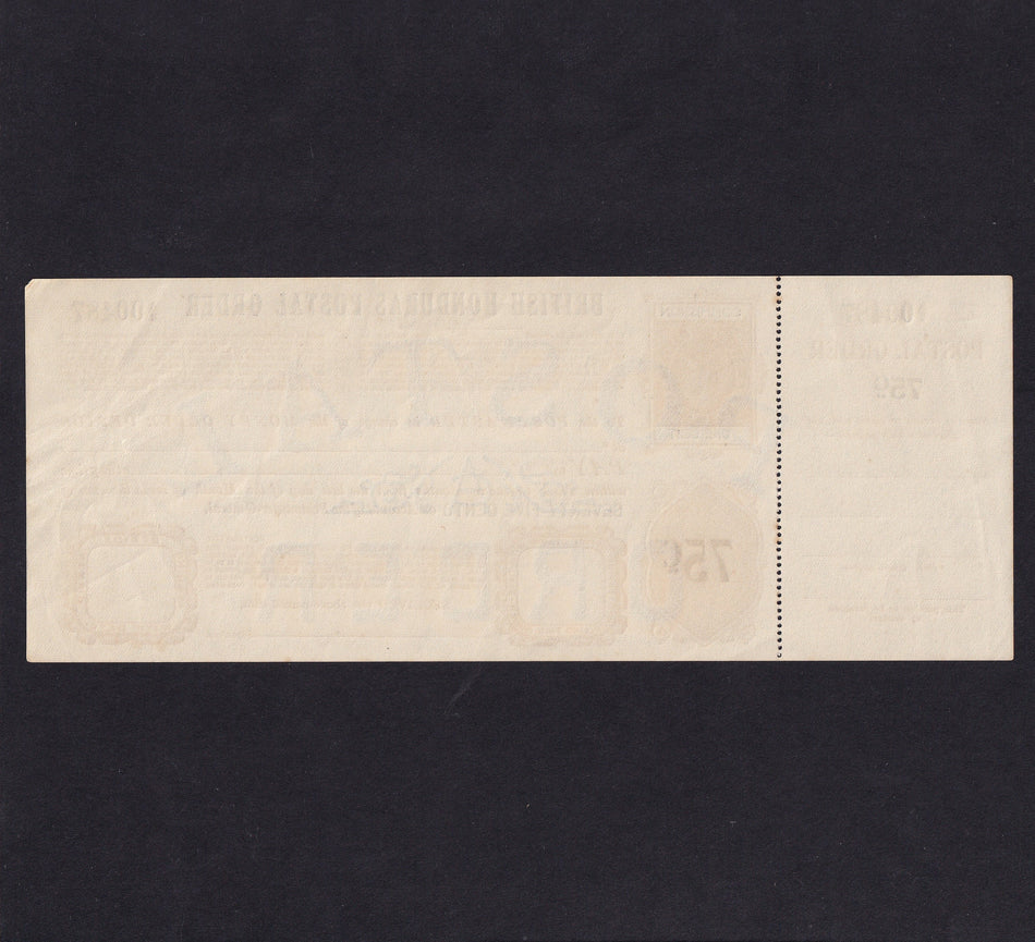 British Honduras, 75 Cents postal order, KGVI, unissued, Good EF