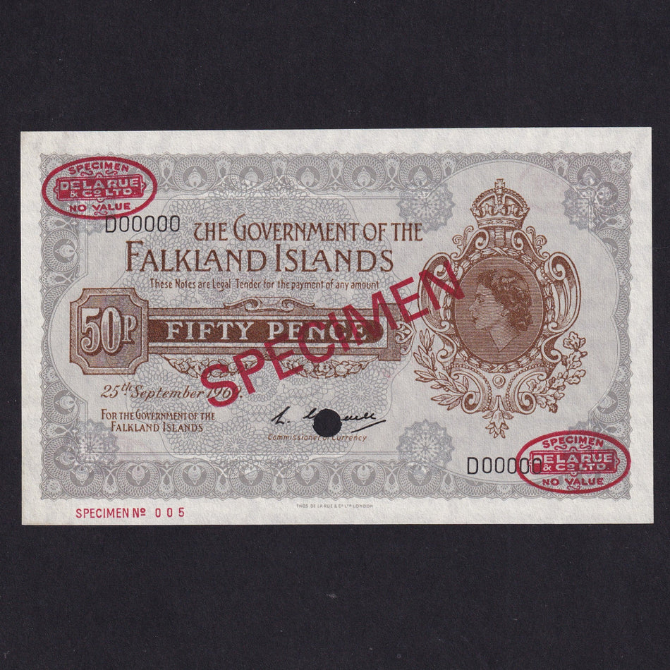 Falkland Islands (P10a) 50p specimen, 1969, QEII, D00000, mount traces reverse overwise A/UNC
