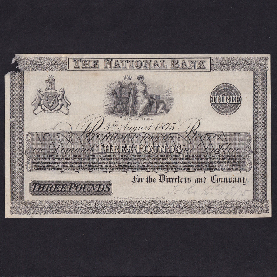 Ireland (P197p) National Bank, £3 obverse proof on paper, 1st August 1875, NA35, missing corner, VF