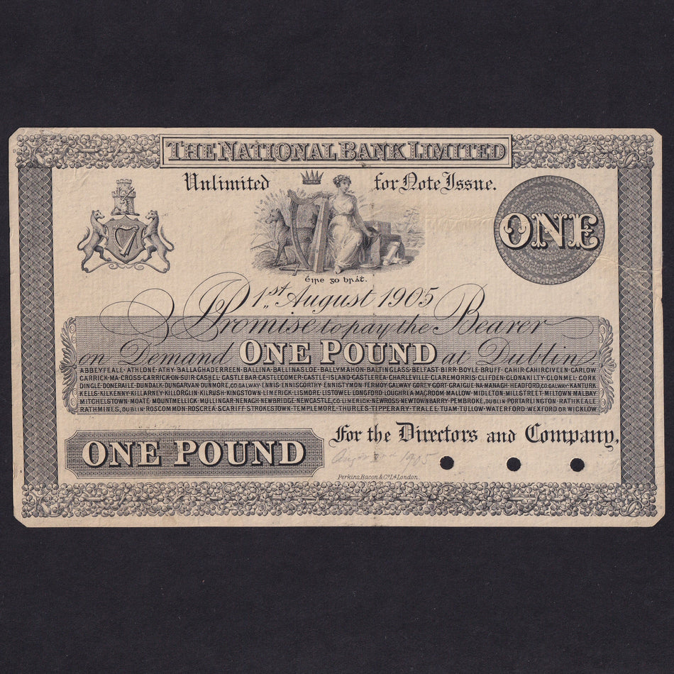 Ireland (P209a) National Bank Limited, £1 obverse proof on card, 1st August 1905, NA48, mount marks, VG