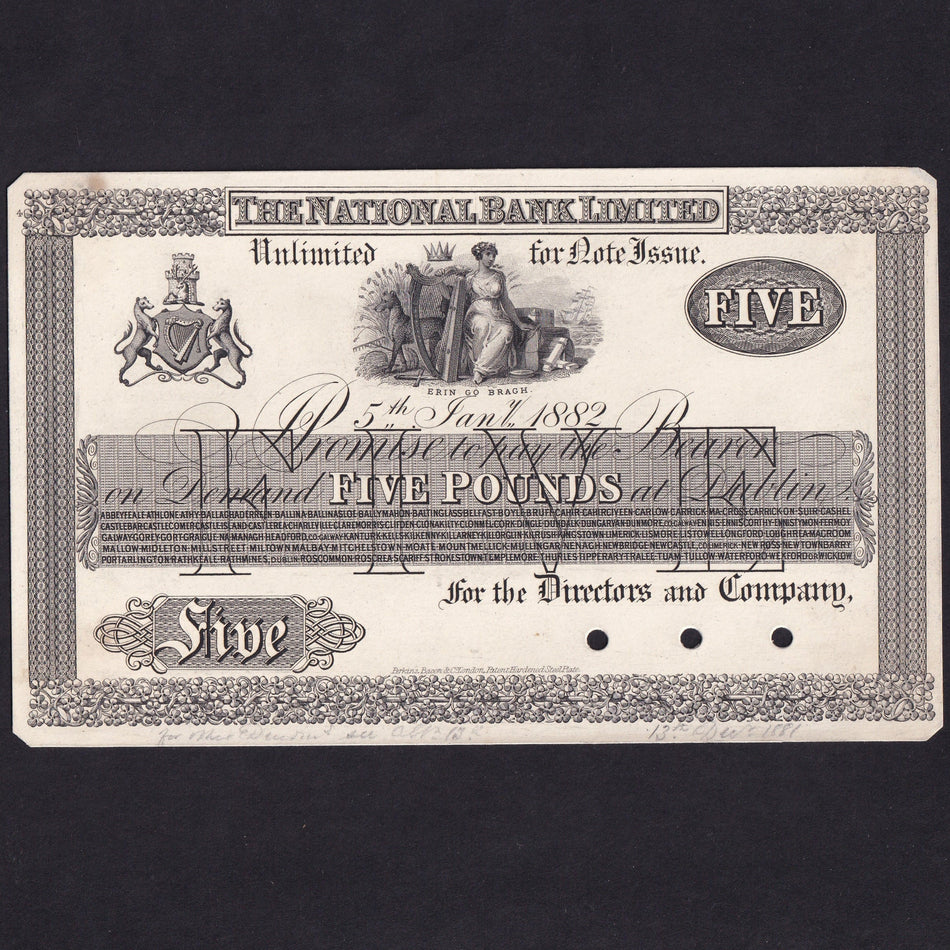 Ireland (P205) National Bank Limited, £5 obverse proof on card, 5th January 1882, NA43, mount marks, tiny rust mark otherwise EF