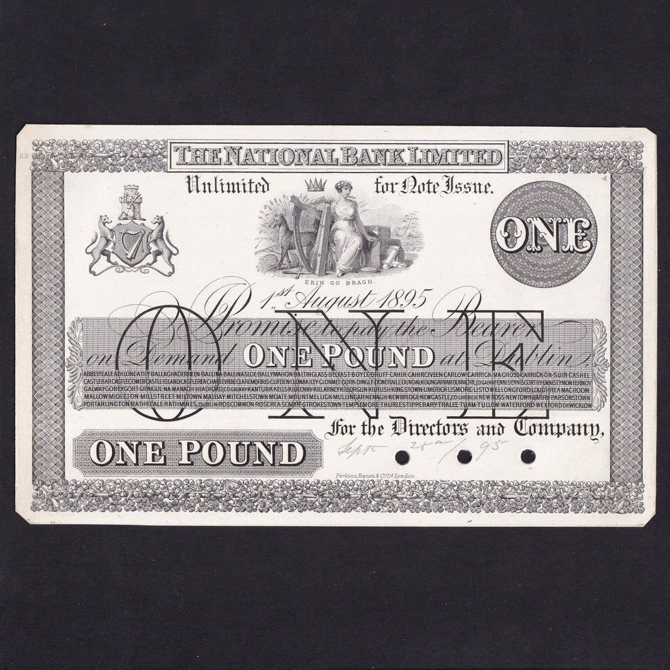 Ireland (P203p) National Bank Limited, £1 obverse proof on card, 1st August 1895, BOI NA41, mount marks, EF