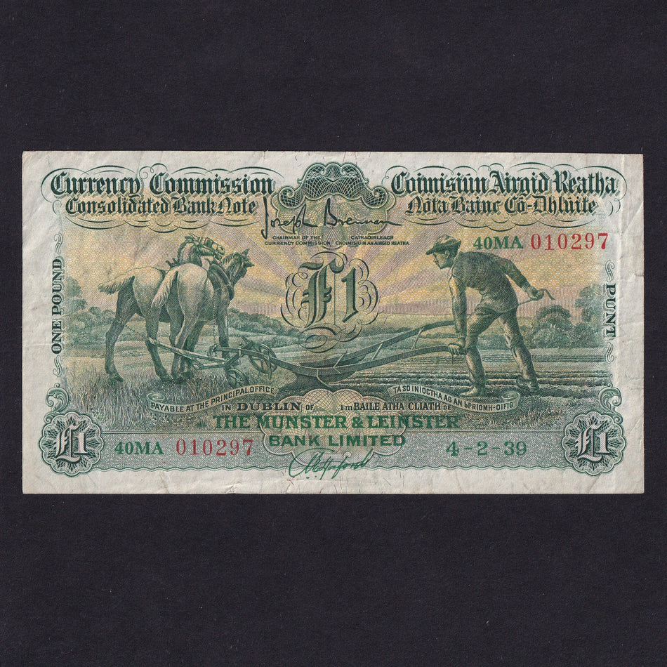 Ireland (P20b) £1, 4th February 1939, Munster & Leinster, ploughman, 40MA 010297, Hosford signature, CML7, biro mark reverse, otherwise Good Fine