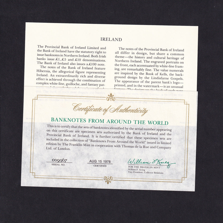 Ireland (PSC1) Bank of Ireland, £1, £5, £10 & £20 specimen set, 1978, Franklin Mint, set no.9967, A/UNC